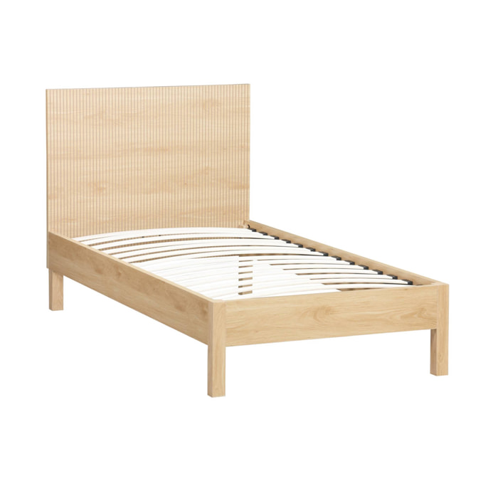 Lit avec sommier à lattes et tête de lit 90x190cm décor bois LINEAR