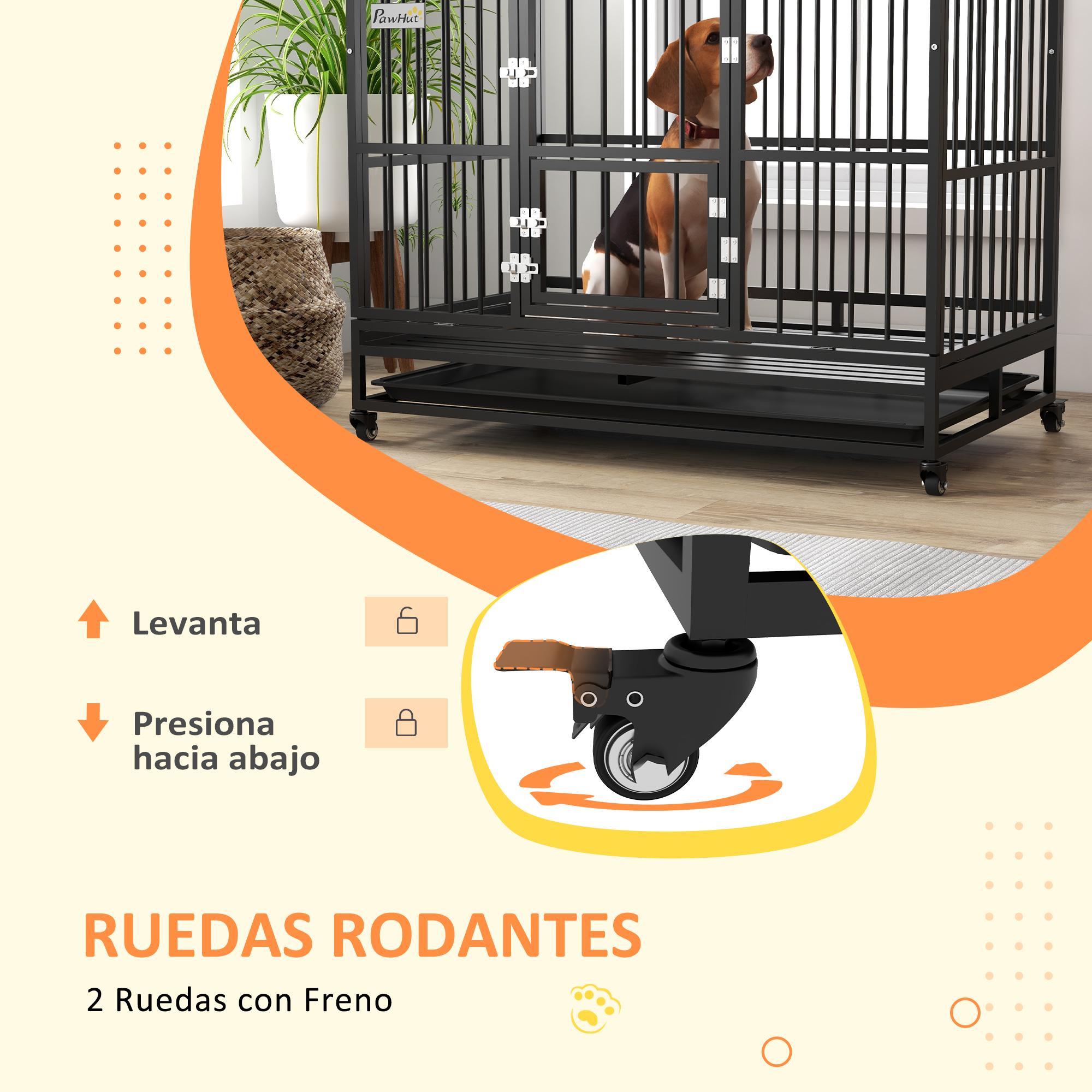 PawHut Jaula para Perros Grandes 123x74x125 cm Perrera Metálica con Ruedas Bandeja Extraíble Cerraduras 2 Puertas Frontal 1 Puerta en Techo y Marco de Acero Negro