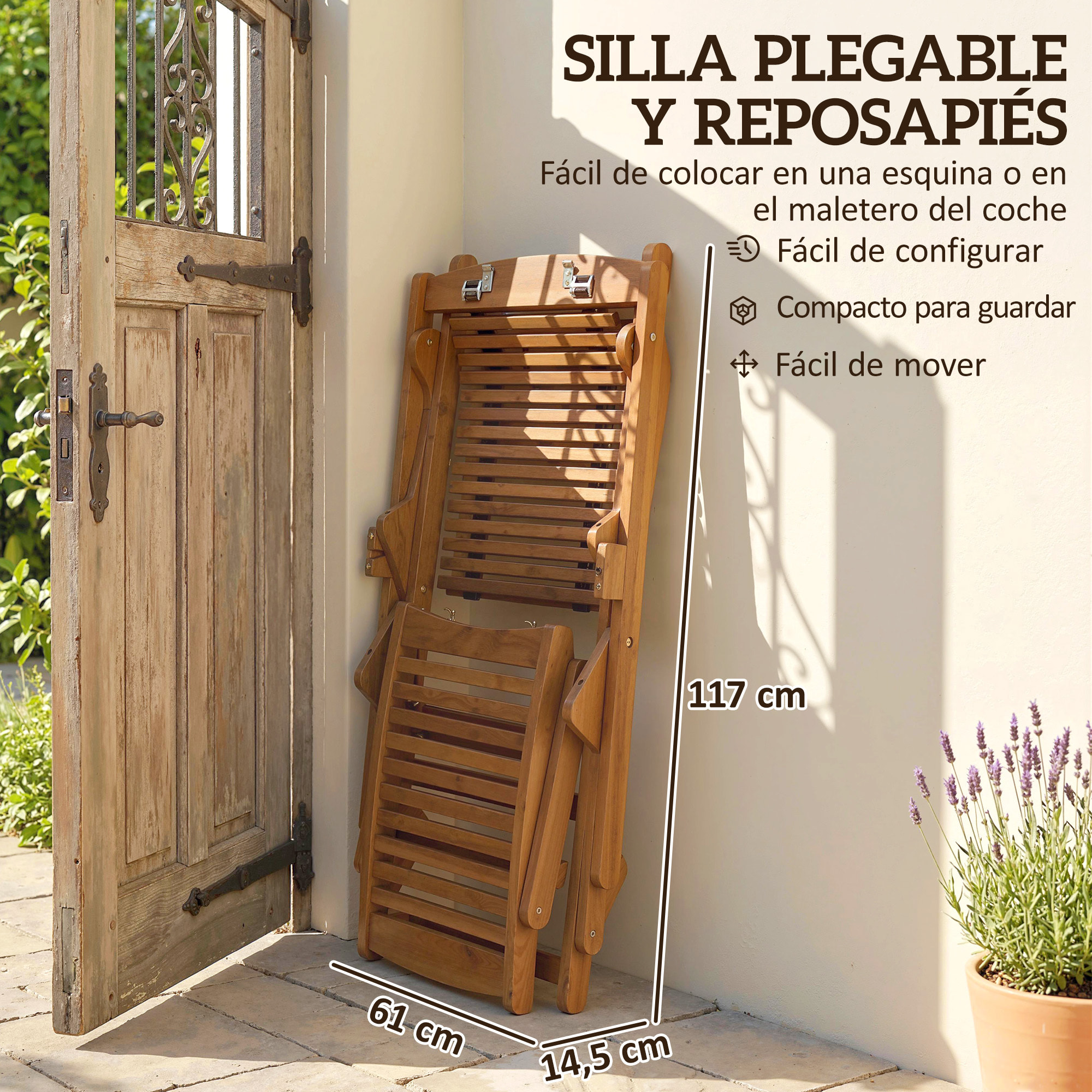 Tumbona Silla Plegable de Madera de Acacia, Silla de Jardín Exterior con Reposapiés Desmontable y Cojín con Reposacabezas, Carga 160 kg, para Terraza, Patio, Playa, 158x61x70 cm, Beige
