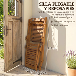Tumbona Silla Plegable de Madera de Acacia, Silla de Jardín Exterior con Reposapiés Desmontable y Cojín con Reposacabezas, Carga 160 kg, para Terraza, Patio, Playa, 158x61x70 cm, Beige