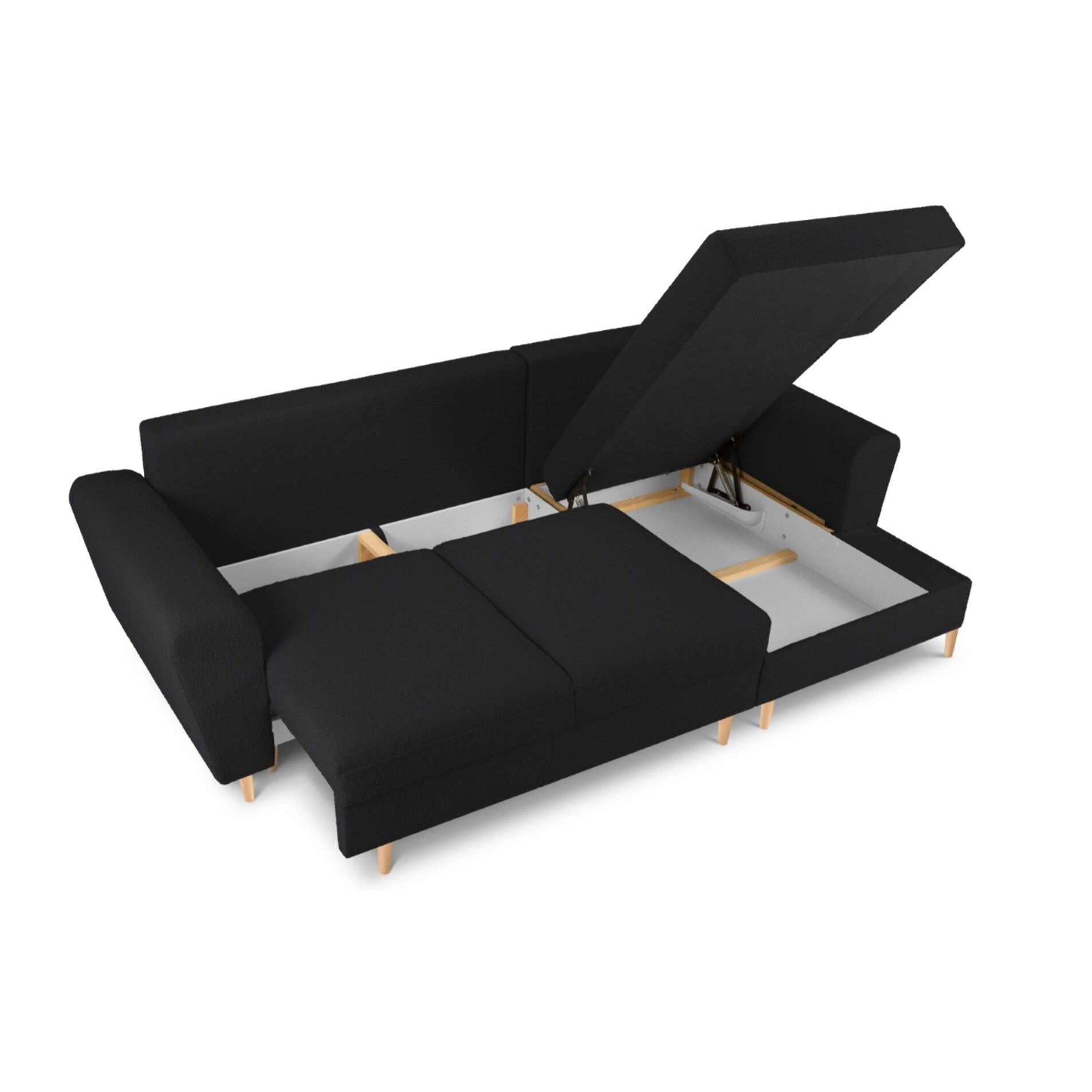 Canapé d'angle droit convertible avec coffre de rangement "Kyoto" 4 places en bouclé noir
