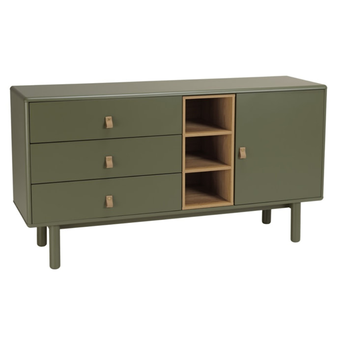 ETHAN - Buffet 1 porte 3 tiroirs 3 niches bois naturel vert