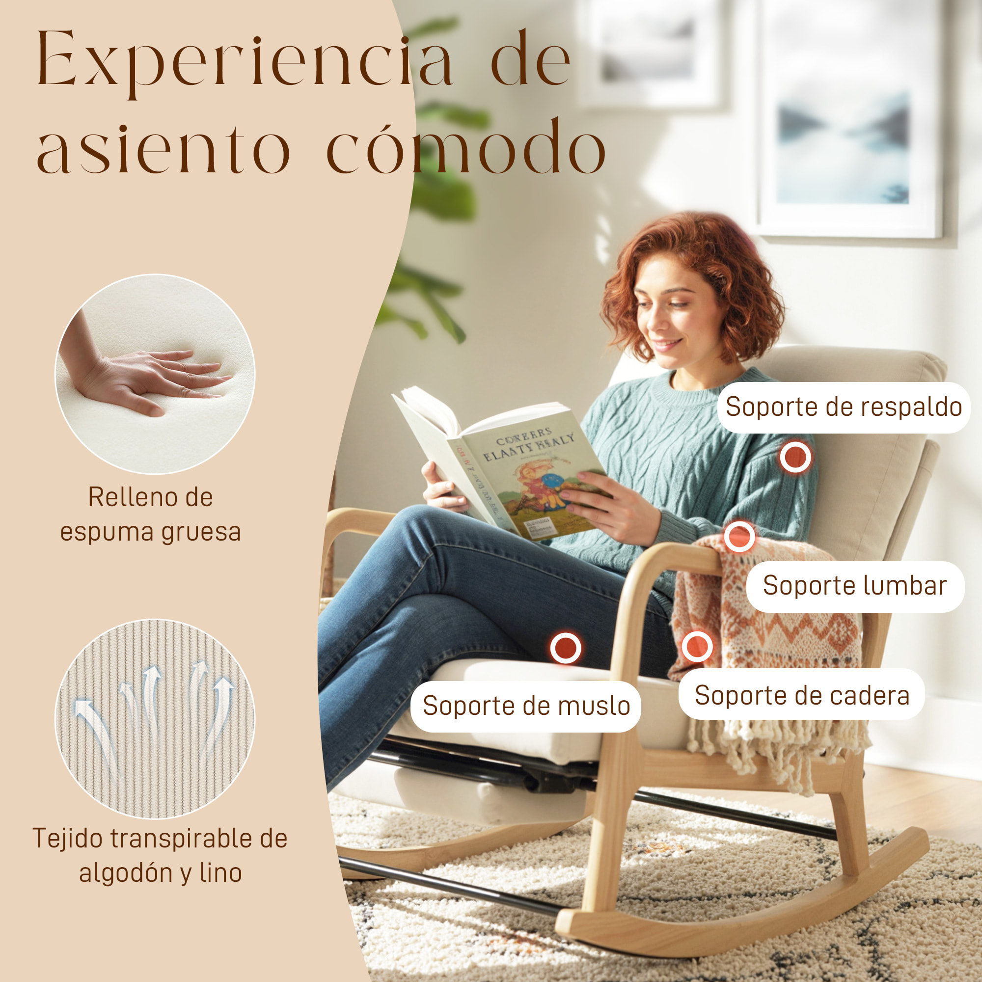 Silla Mecedora con Reposapiés, Respaldo Ajustable, Mecedora de Pana Nórdica, Patas de Madera, Reposabrazos, Cojín Lumbar, Sillón para Lactancia, Carga 120 kg, para Dormitorio, Salón, Crema