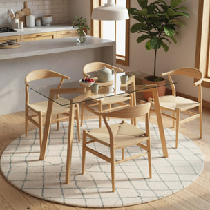 Mesa de Comedor Rectangular, Mesa de Cocina Moderna para 6 Personas con Patas de Acero y Superficie de Vidrio Templado, 150x75x76 cm, Transparente y Madera Natural