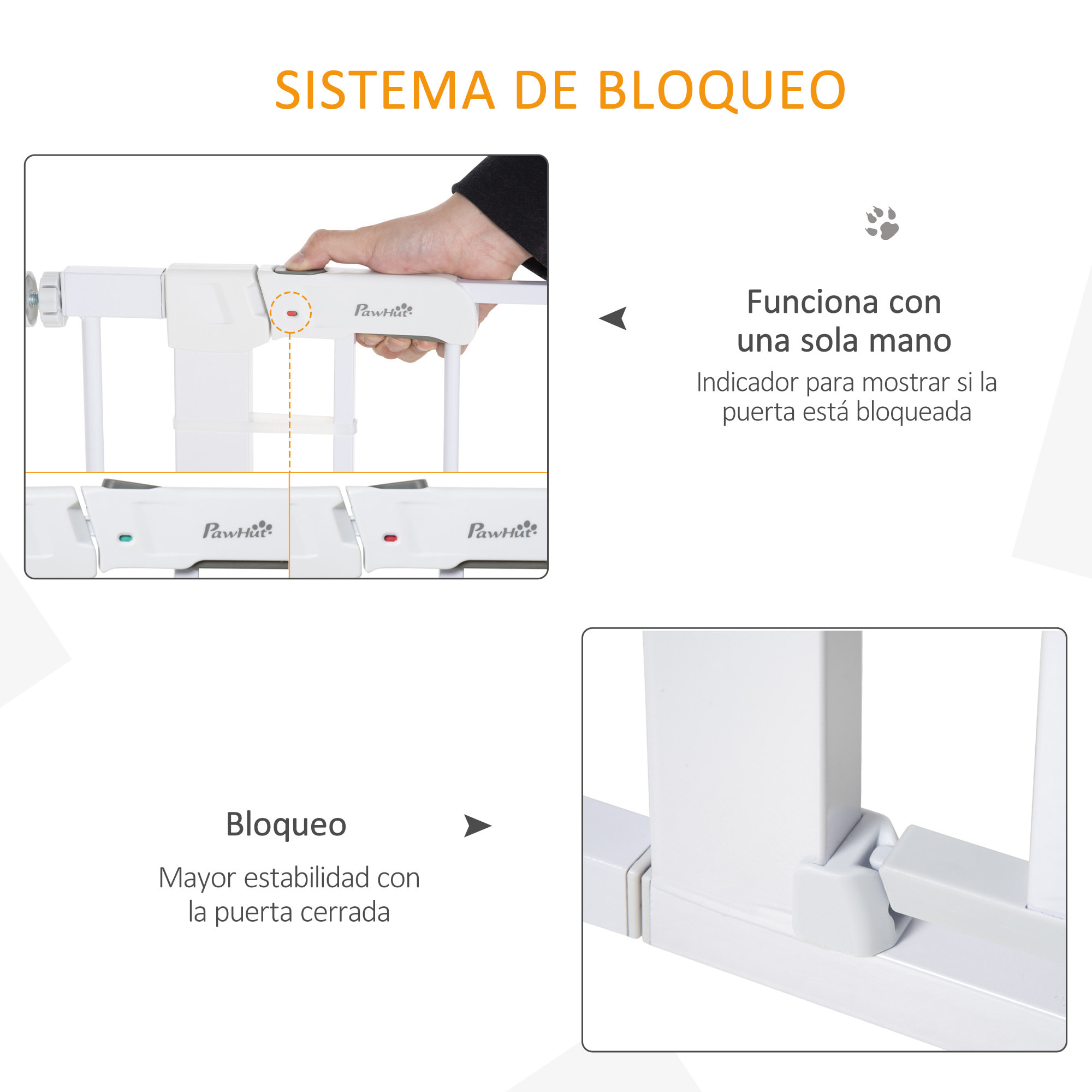 Barrera de Seguridad de Perros Extensible para Escaleras y Puertas 75-96 cm con 2 Extensiones de 7 cm Cierre Automático y Marco de Acero Altura 76 cm Blanco