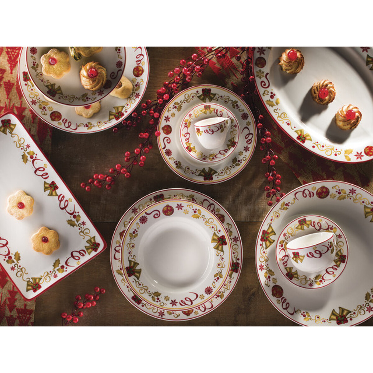 Set panettone Golden Bell con piatto e 6 piattini in porcellana sottosmalto