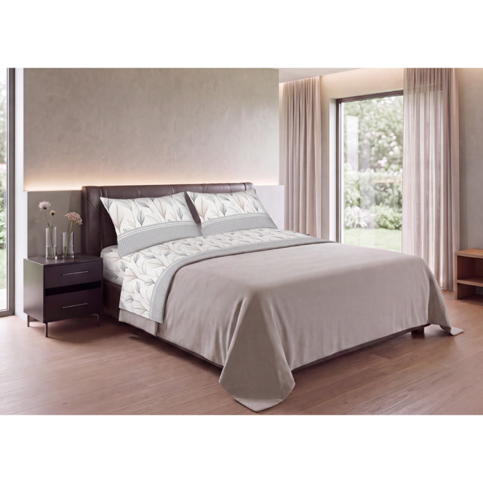 Completo Lenzuola in Flanella Morbida e Calda Made In Italy disegno Fiorato Laurel Grigio