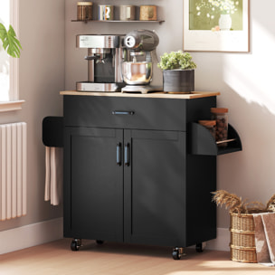 Desserte de cuisine 2 portes avec étagère tiroir coulissant porte-torchons étagère épices noir aspect chêne clair