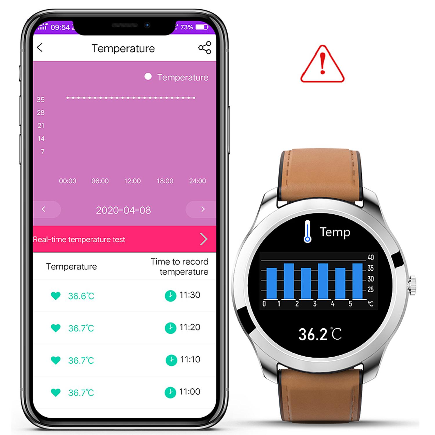 Smartwatch M28 con termómetro corporal, monitor de O2 en sangre y tensión. Modos deportivos. Correa de cuero.