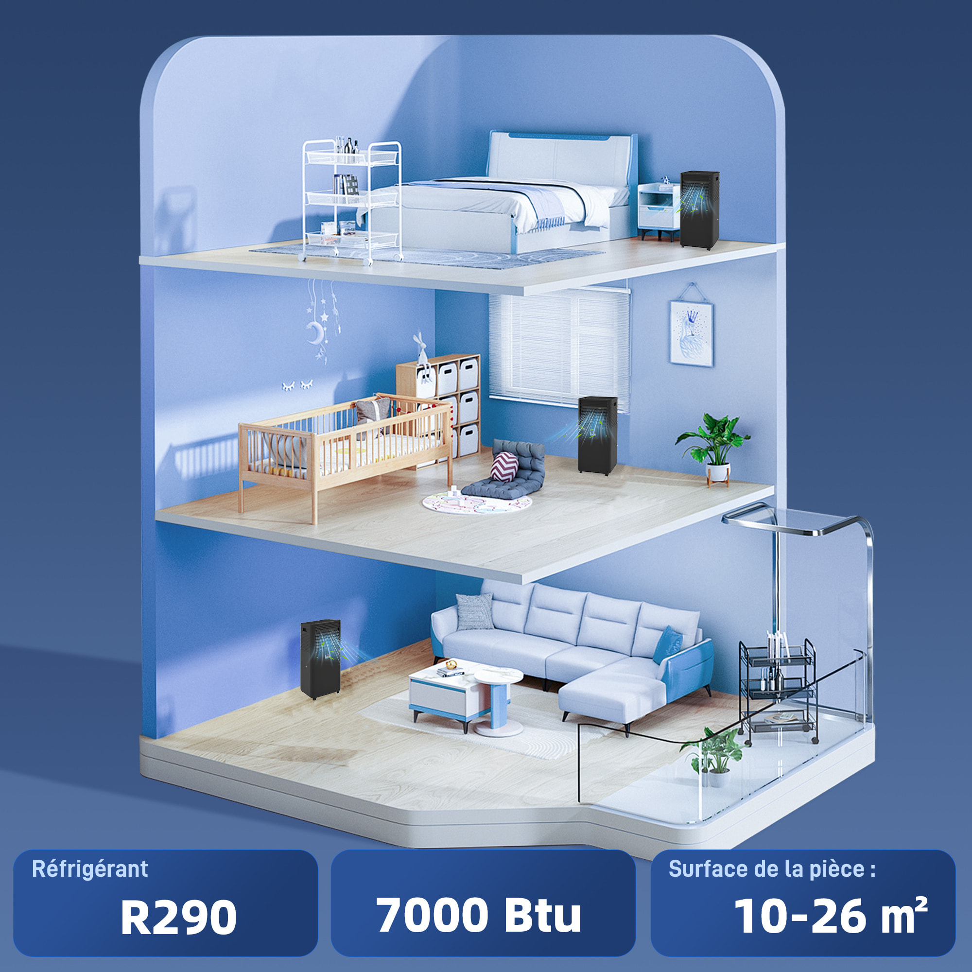 Climatiseur déshumidificateur ventilateur 3 en 1 mobile - 7000 BTU  - télécommande kit installation inclus - noir