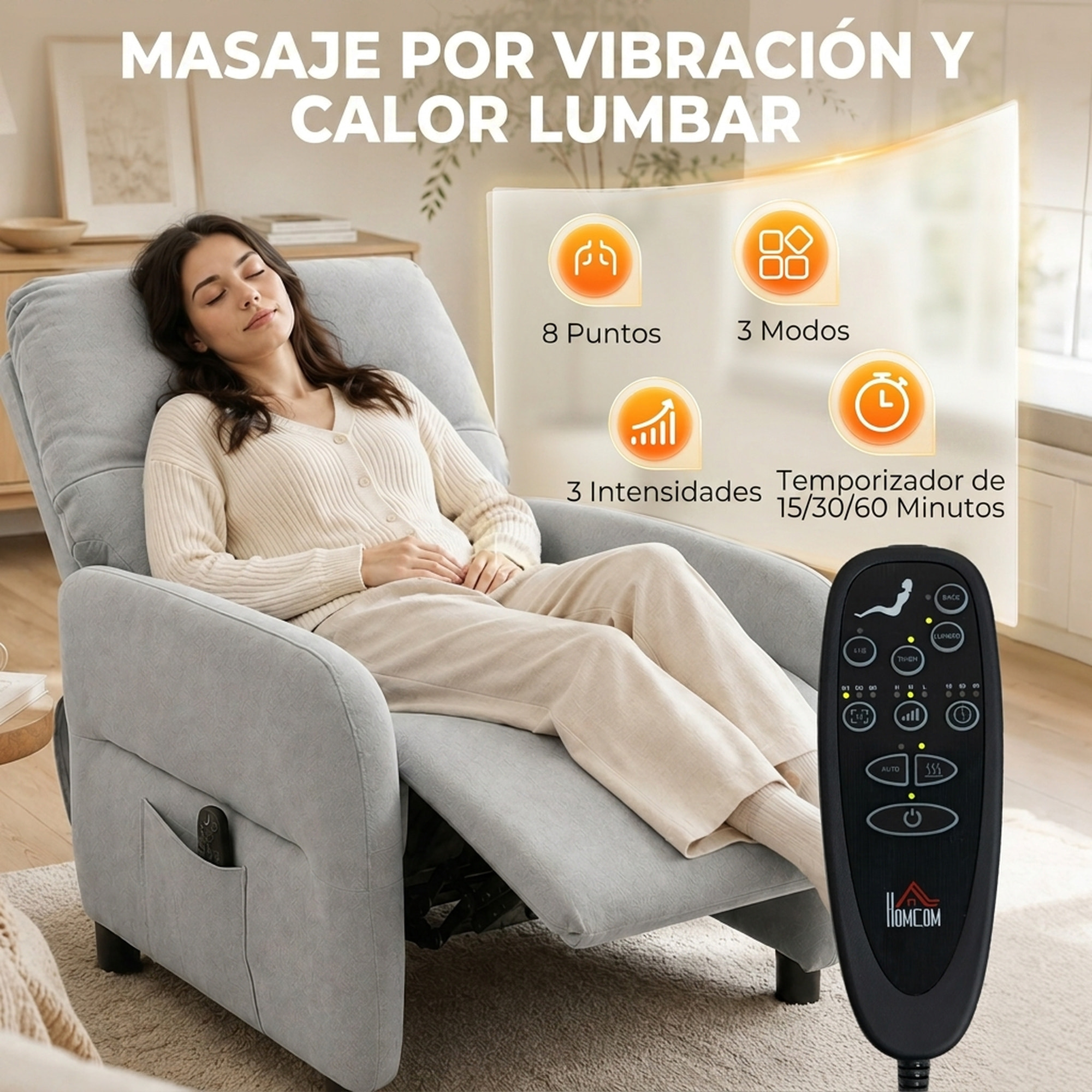 Sillón de Masaje, Sillón Relax Reclinable Manual con 8 Puntos Masaje, Calor Lumbar, Mando a Distancia, Asiento con Muelles, Reposapiés, Cojín Lumbar, Bolsillos Laterales, Tejido de Rizo, Gris