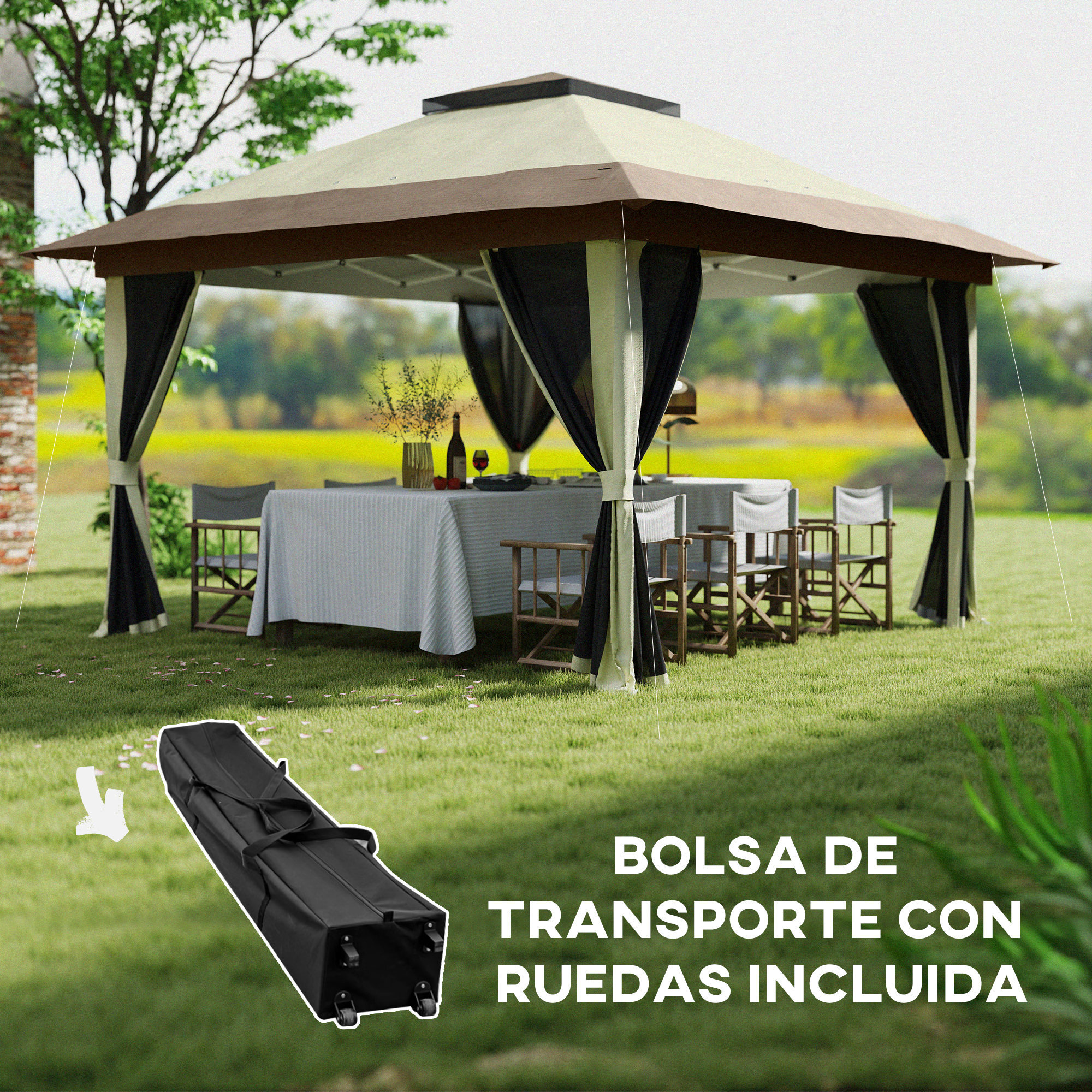 Carpa Plegable Gazebo 3,6x3,6 m Cenador Plegable con 4 Paredes Laterales de Malla Anti-UV Altura Ajustable Bolsa de Arena y Bolsa de Transporte para Camping Fiestas