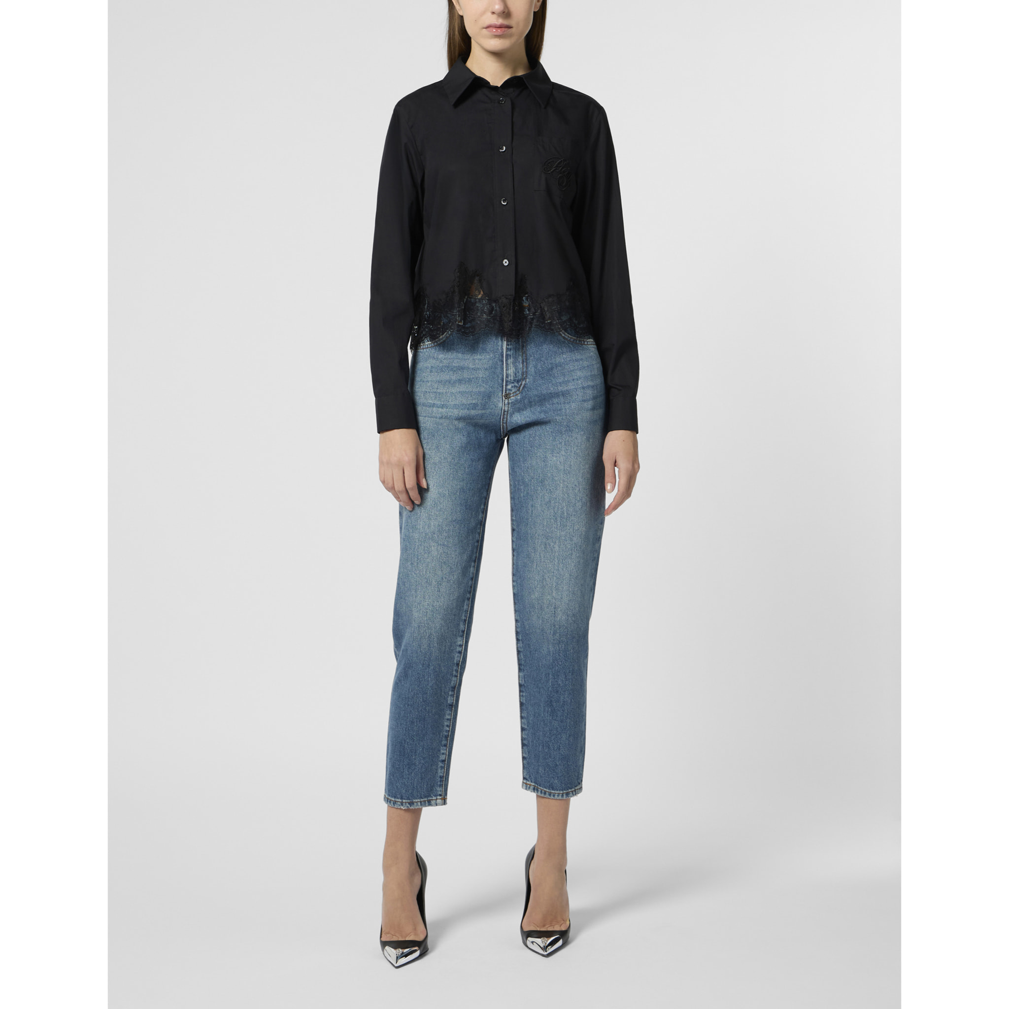 PHILIPP PLEIN Popeline Cropped Shirt Lace