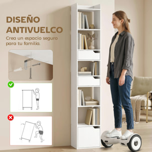 Estantería para Libros con 2 Cajones y Puerta, Librería Estrecha con 6 Estantes Abiertos, Armario Alto para Salón, Estudio, Oficina, 32x24x181,5 cm, Blanco