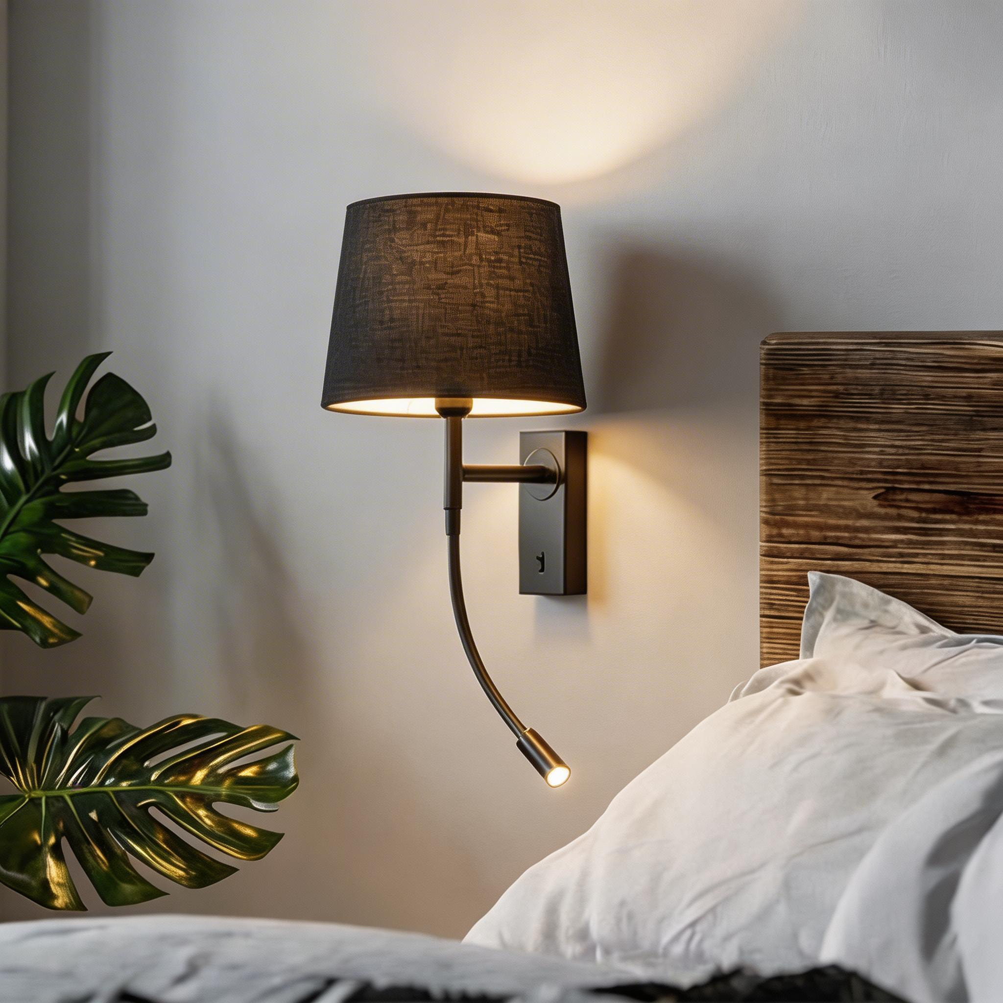 FORLIGHT Janet - Aplique de Pared para Dormitorio E27 Luz de Lectura LED Blanco Cálido 3000K. Aluminio Negro Pantalla de Textil