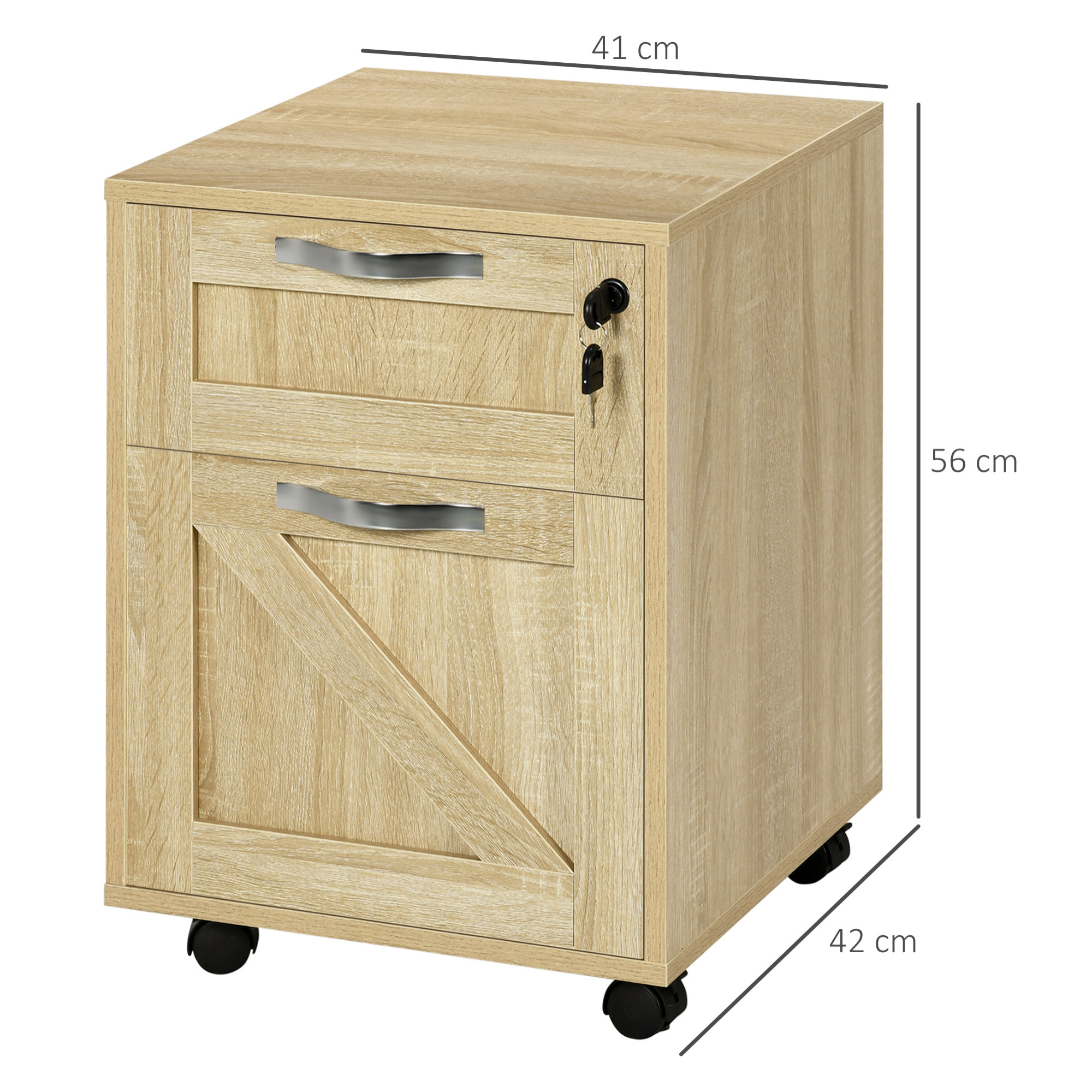 Cajonera de Oficina con 2 Cajones Cajonera con Ruedas Mueble Archivador Móvil con Cerradura y Carpetas Colgantes para Tamaño A4 41x42x56 cm Natural