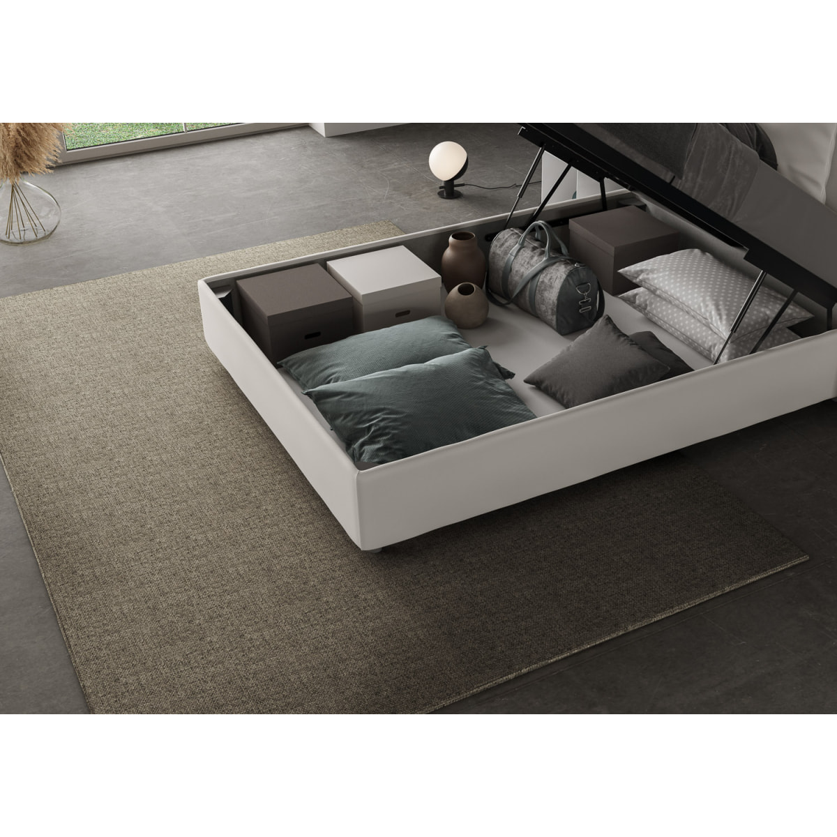 Letto una piazza e mezza contenitore imbottito 120x190 similpelle bianco Azelia