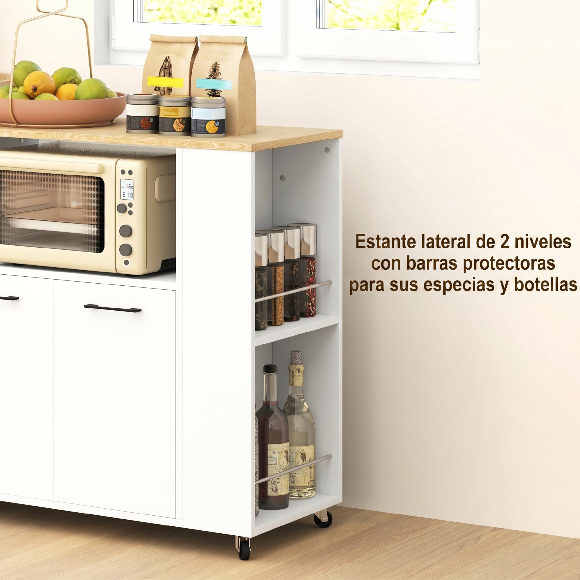 Carrito Auxiliar con Ruedas, Carrito de Cocina con 2 Puertas, Estante Ajustable, Especieros, para Comedor, 75x40x80,5 cm, Blanco