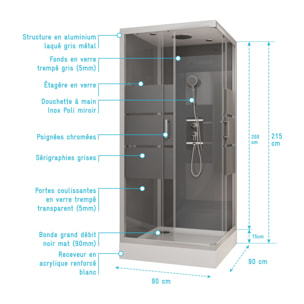Cabine de douche carrée 90x90x215cm - grise avec bande dépoli - SILVERY STRIPE SQUARE
