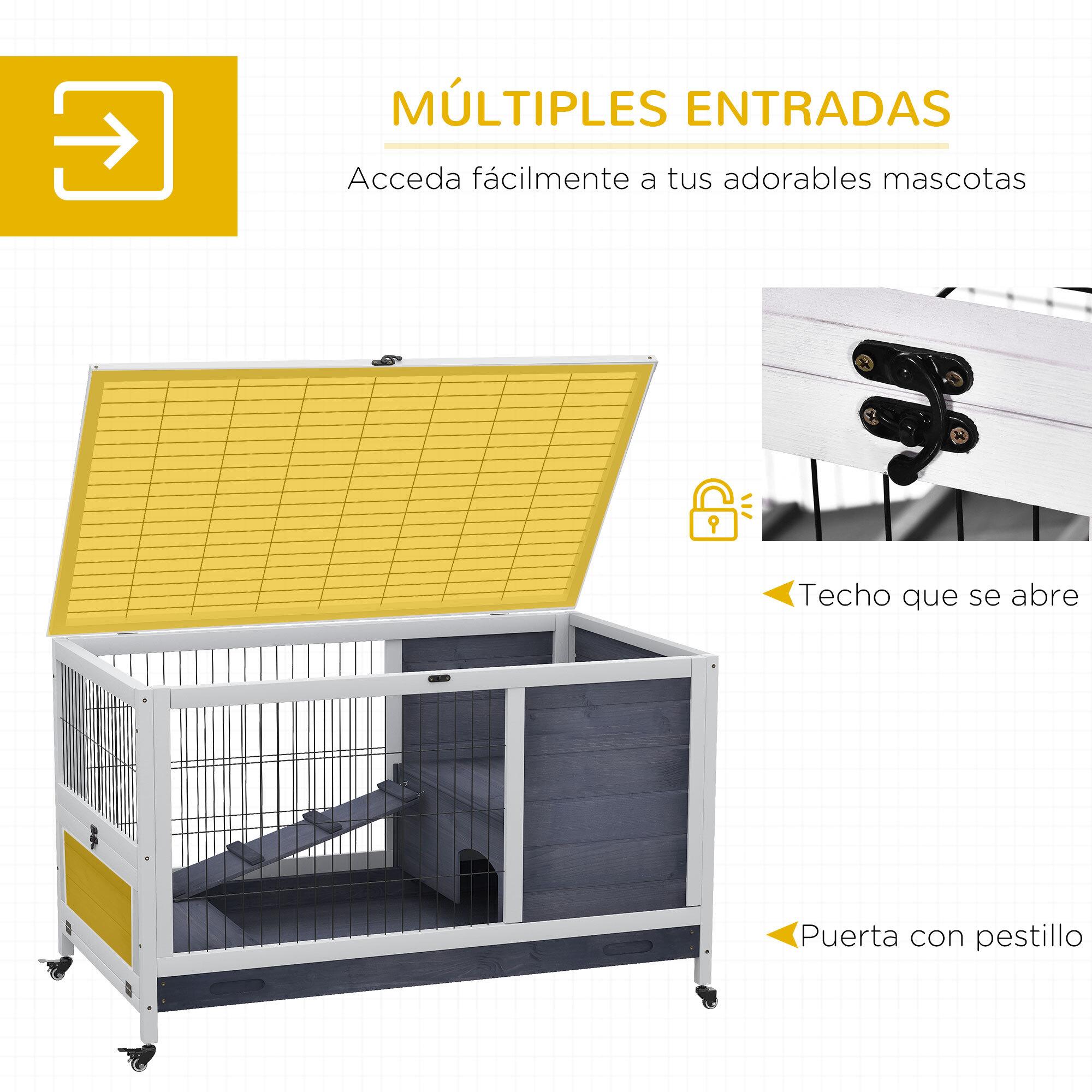 Jaula para Conejos de Madera 90x53x59 cm Conejera para Mascotas Pequeñas Portátil Interior con Techo Abrible Rampa Bandeja Extraíble para Conejillos de Indias Gris y Blanco