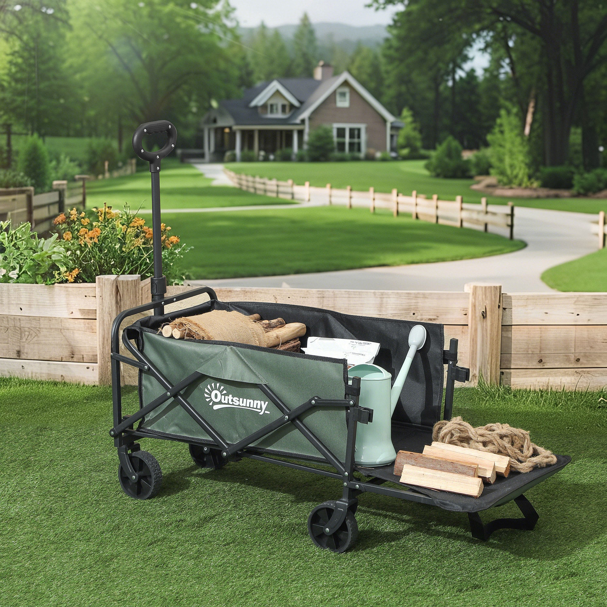 Carro Playa con Ruedas Carro de Jardín Plegable con Mango Telescópico Ajustable Puerta Trasera Expandible Carga 90 kg Carrito Transporte para Todo Terreno Jardín Campaña Compra Verde