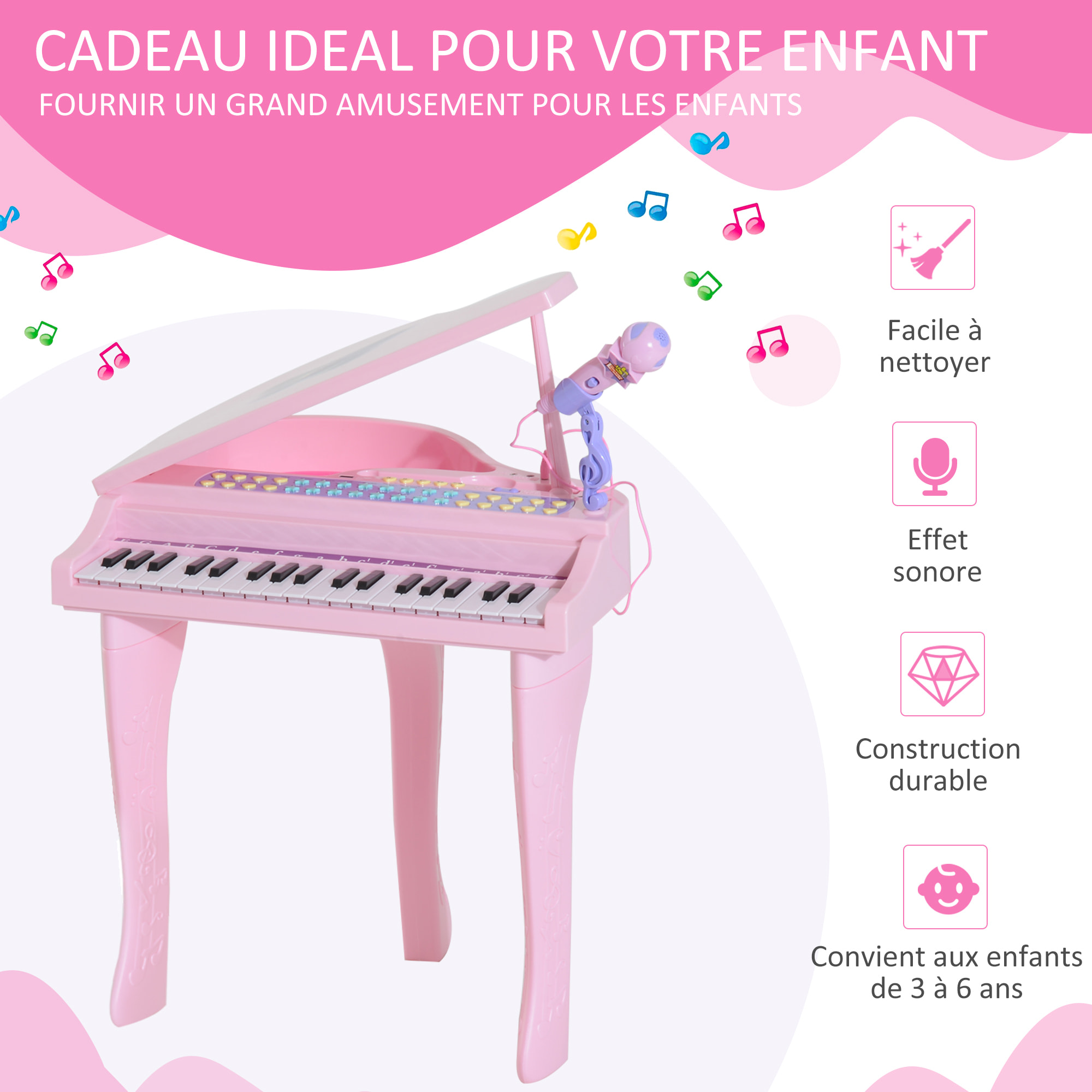 Piano à queue électronique 37 touches multifonctions avec micro haut parleur rose