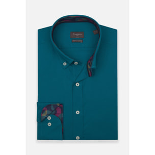 camicia uomo 1 bottone button down slim Popeline Stretch Unito Verde Ottanio