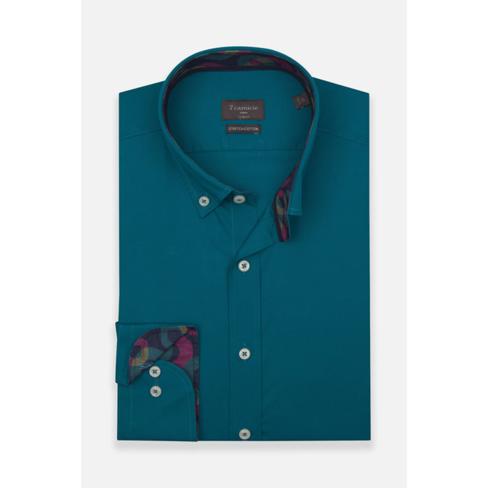 camicia uomo 1 bottone button down slim Popeline Stretch Unito Verde Ottanio