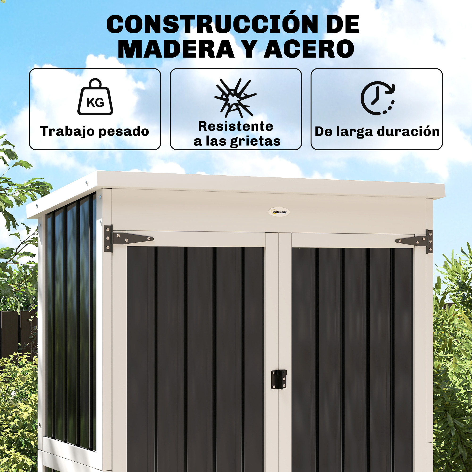 Caseta de Jardín de Madera y Acero 94x43x166 cm, Cobertizo Jardín Exterior, Armario para Herramientas con 2 Puertas, Estantes Ajustables y Techo Impermeable para Patio Terraza, Blanco y Negro