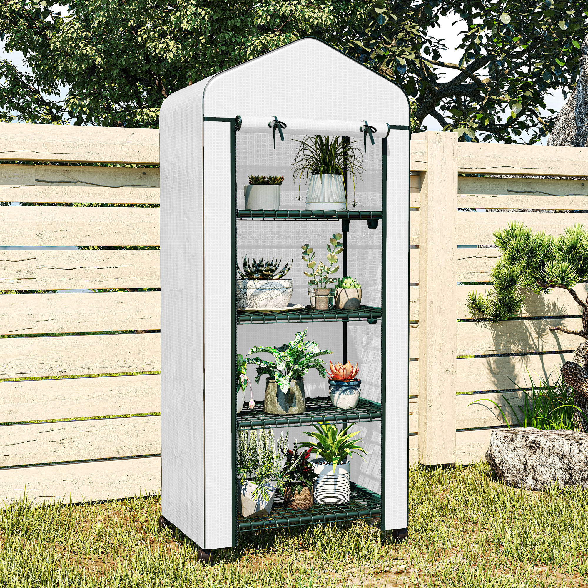 Invernadero de Exterior con 4 Estantes y Ruedas, Invernadero Pequeño con Puerta Enrollable, Marco de Acero y Cubierta de PE 140g/ãŽ¡, Anti-UV para Plantas, Macetas, Flores, 69x50x165 cm, Blanco
