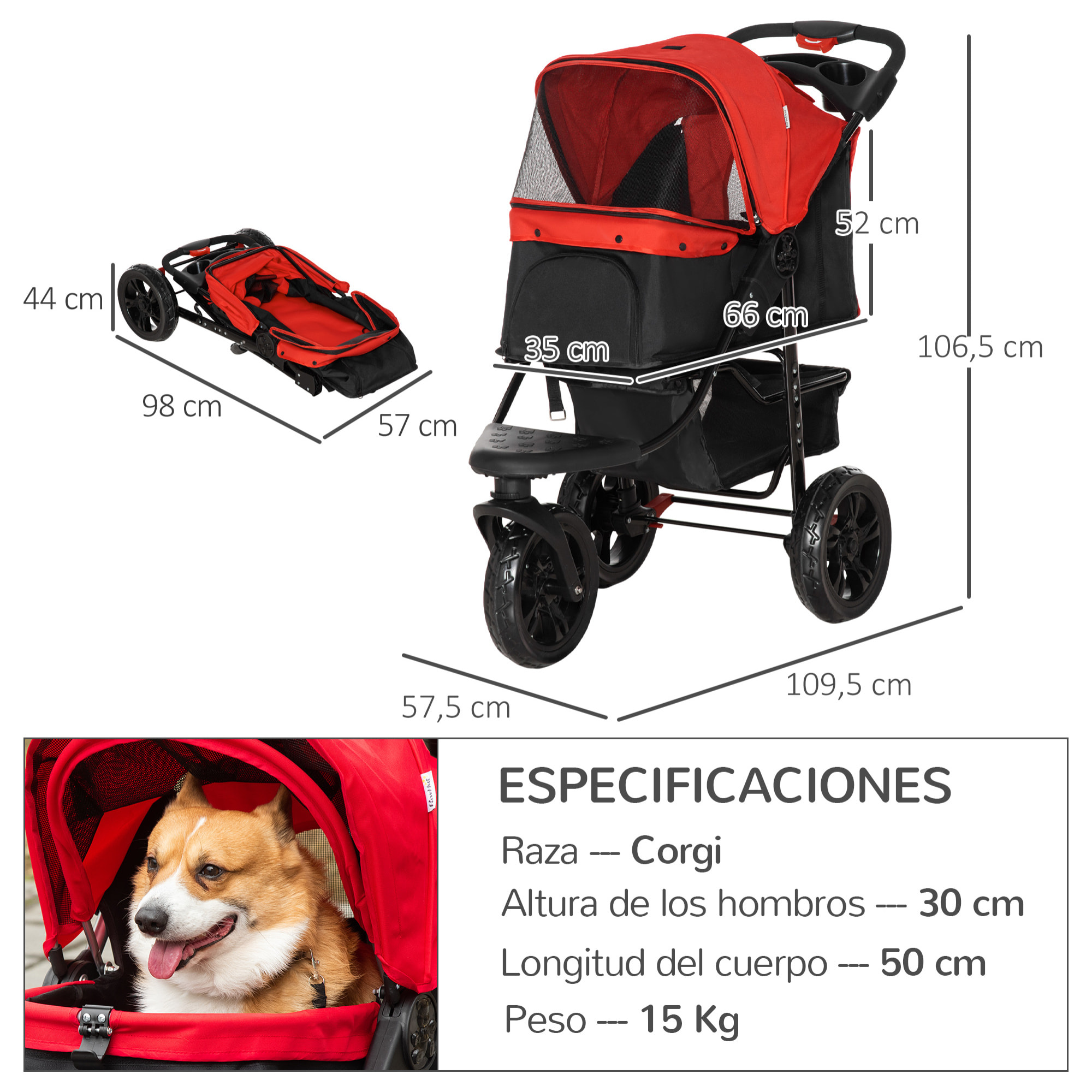 Cochecito para Mascotas Plegable Carritos para Perros con 3 Ruedas Puerta Ventanas de Malla Cesta de Almacenaje y Correas de Seguridad Marco Acero 109,5x57,5x106,5 cm Rojo