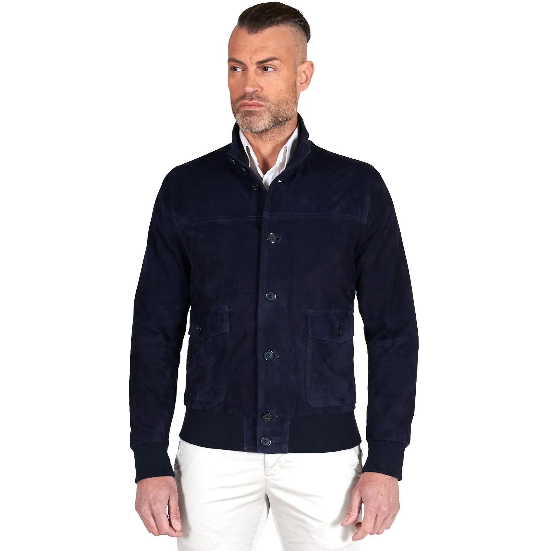 Giacca bomber in pelle camoscio blu con bottoni e tasconi