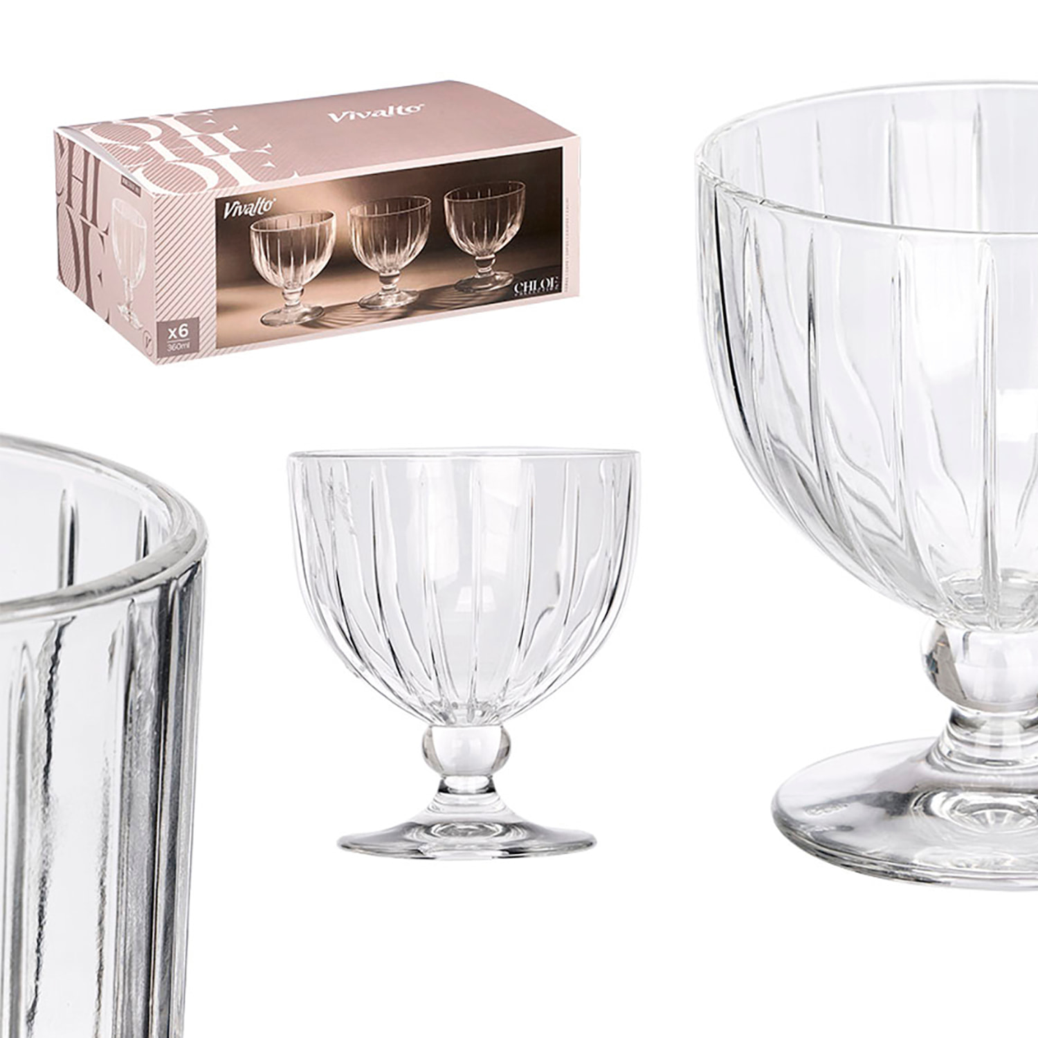 Pack 6 copas helado rayas 360ml transparente