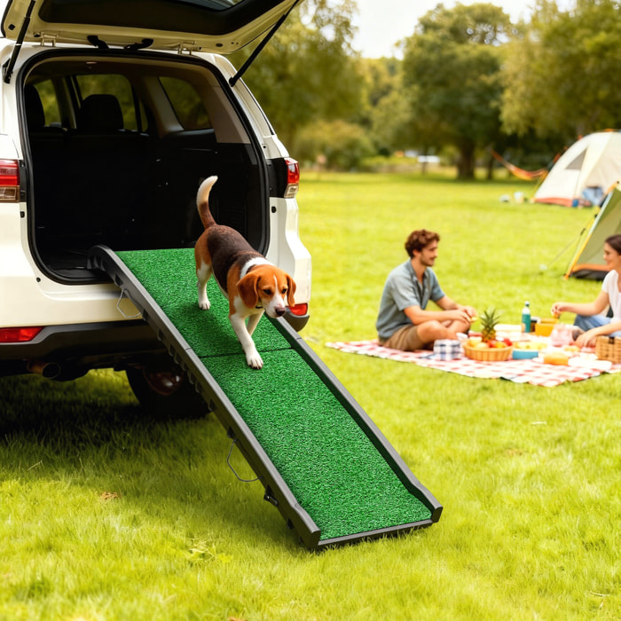 Rampa para Perros con Césped Artificial, 155 cm, Rampa para Perros para Coche Plegable con Asa, Ángulo Ajustable, Antideslizante, para Todas las Razas, para Cama, Sofá, Verde