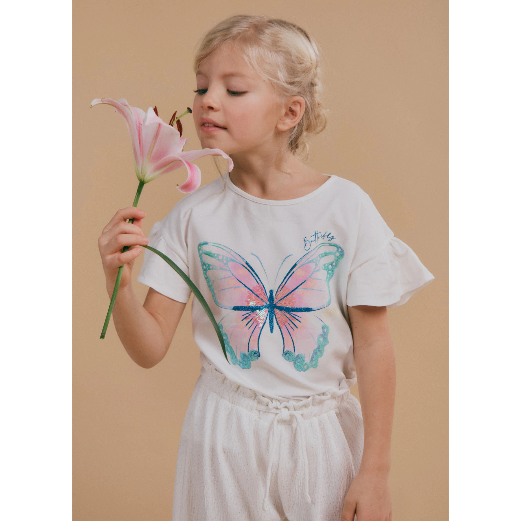 T-shirt stampa farfalla paillettes