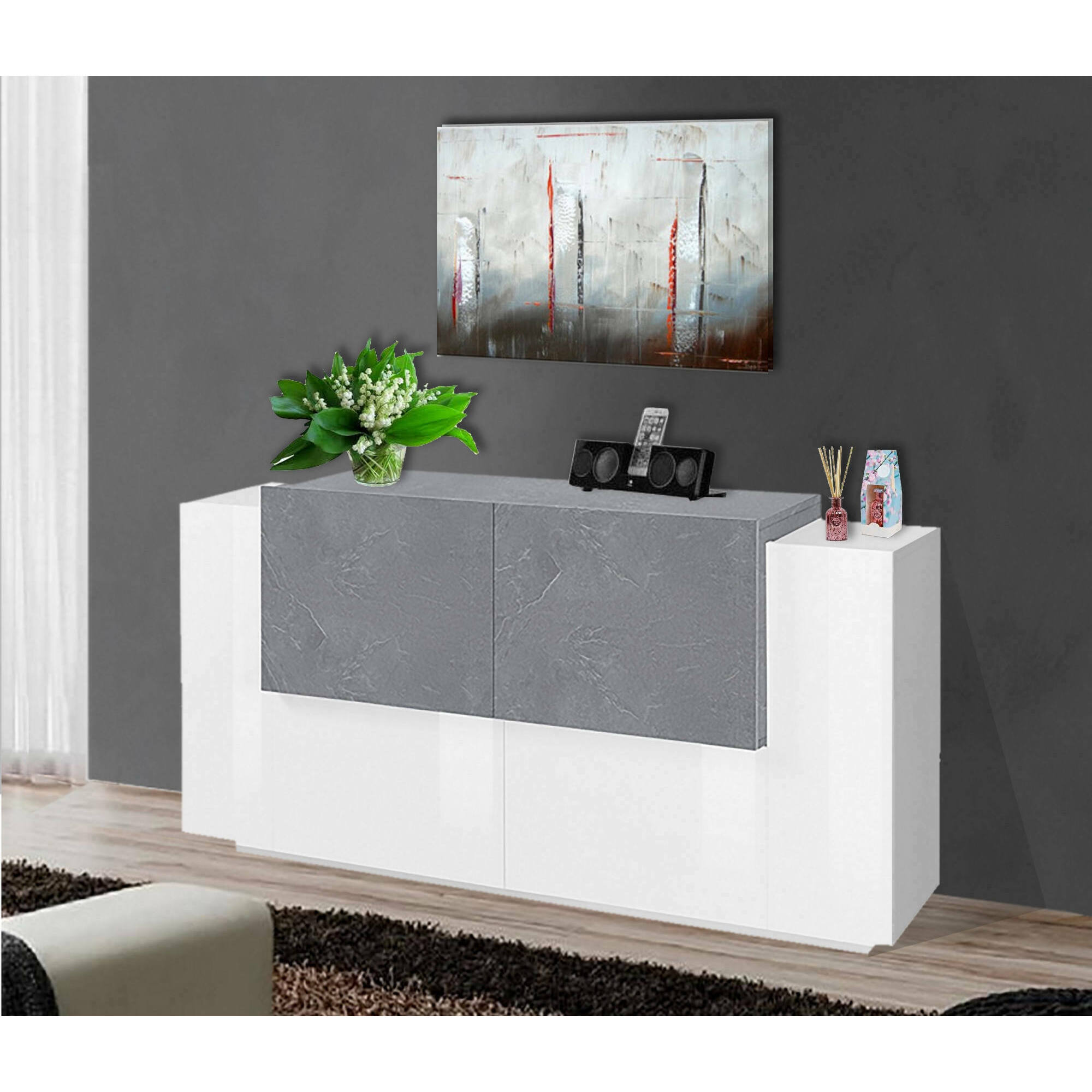 Credenza moderna a 4 ante, Made in Italy, Madia da cucina, Buffet di design da soggiorno, cm 160x45h86, colore Bianco lucido e Cemento