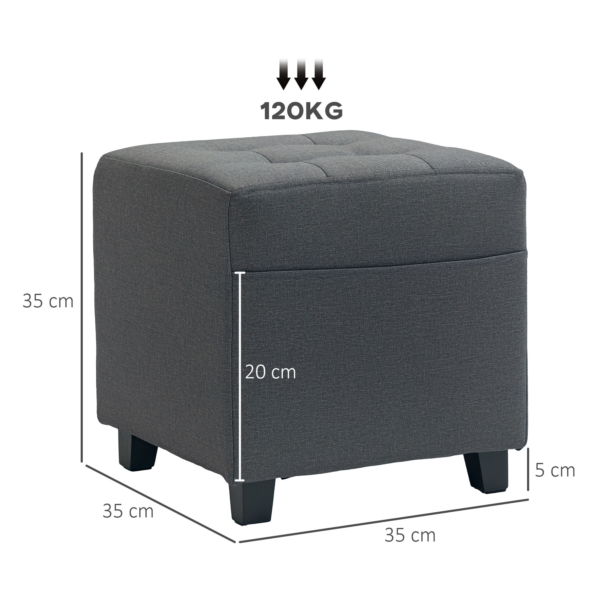 Reposapiés de Salón Taburete Bajo Tapizado en Lino Otomana Cuadrada con Bolsillo Lateral Tapa con Botones Acolchados y Marco de Madera para Sala de Estar Dormitorio Gris
