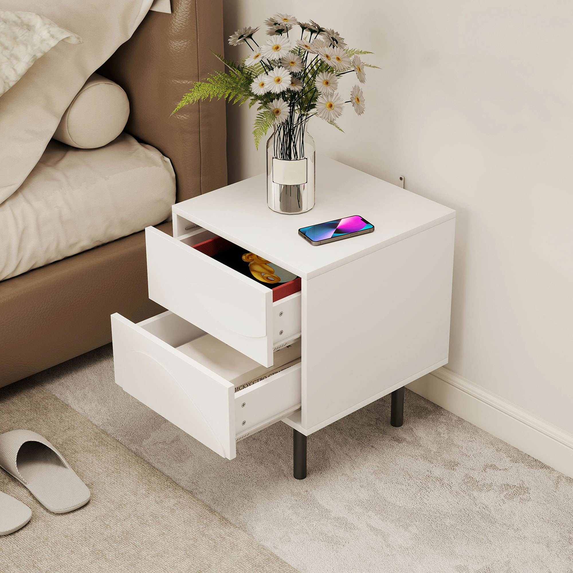 Table de chevet, table d'appoint avec 2 tiroirs, pieds en acier, 40 x 40 x 50 cm, blanc