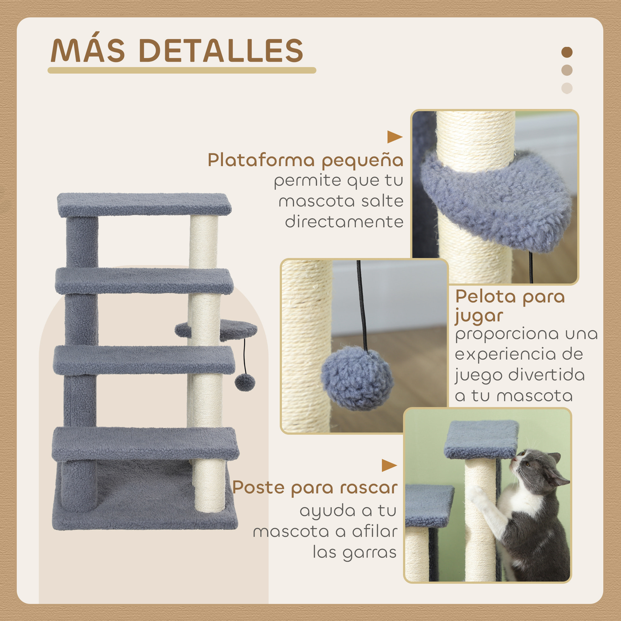 Escalera para Gatos de 4 Niveles Escalera para Mascotas Cubierto de Suave Felpa Poste de Sisal Bola Colgante Árbol Rascador para Gatos 60x40x64 cm Gris