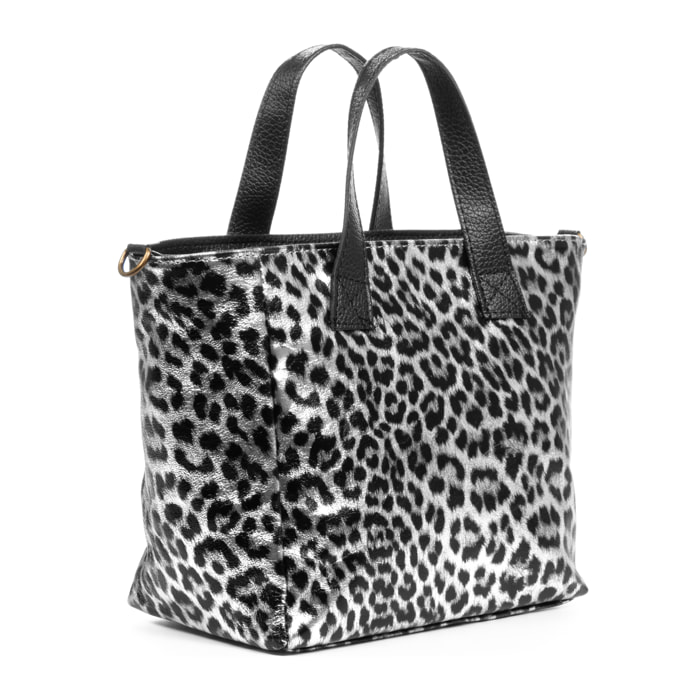 Cassandra borsa tote donna. Pelle autentica Camoscio, stampa animale leopardo, lucido verniciato.