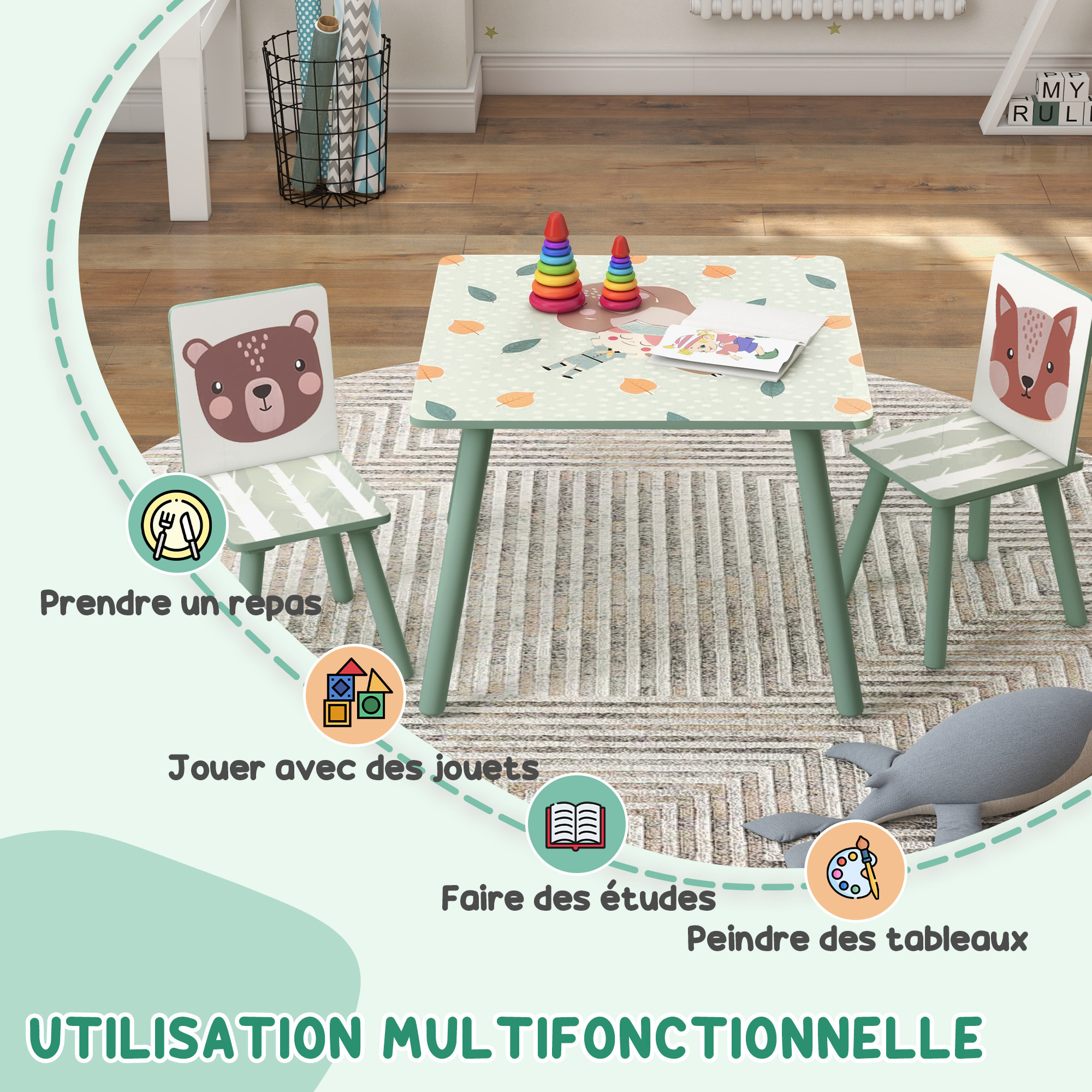 Ensemble table et chaises enfant design animaux de la forêt - table carrée + 2 chaises - bois pin MDF vert