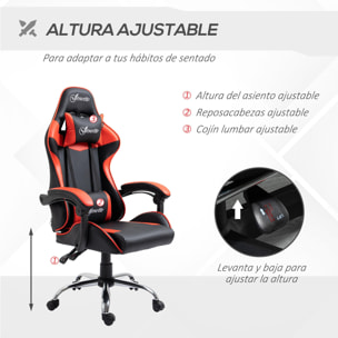 Silla Gaming Ergonómica Silla de Escritorio Racing Giratoria con Altura Ajustable Reclinable de 135° Reposacabezas y Cojín Lumbar para Oficina Estudio 63x67x122-130 cm Rojo