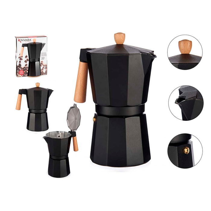 CAFETERA ALUMINIO 12 TAZAS NEGRA ASA MADERA