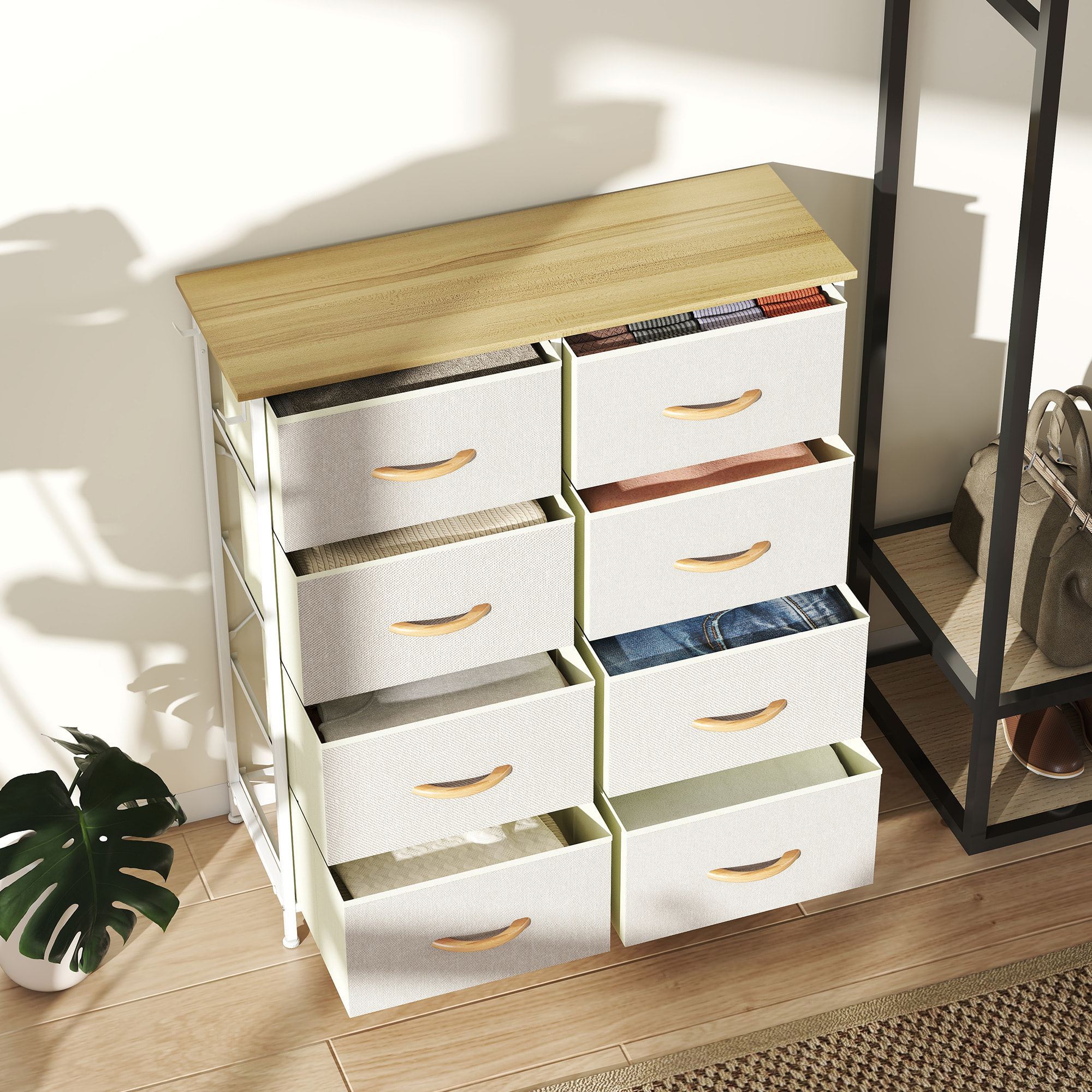 Commode 8 tiroirs en tissu beige 4 poches 2 crochets acier blanc effet bois