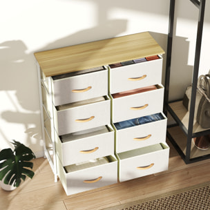 Commode 8 tiroirs en tissu beige 4 poches 2 crochets acier blanc effet bois