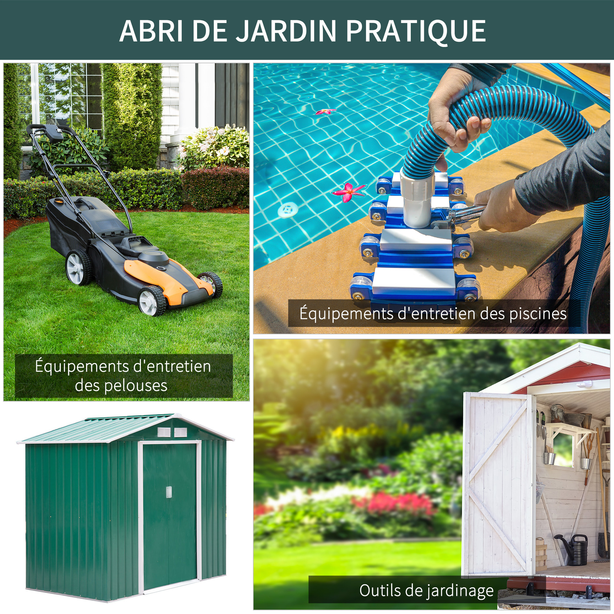 Abri de jardin - remise pour outils - cabanon porte verrouillable - dim. 213L x 130l x 185H cm - tôle d'acier vert