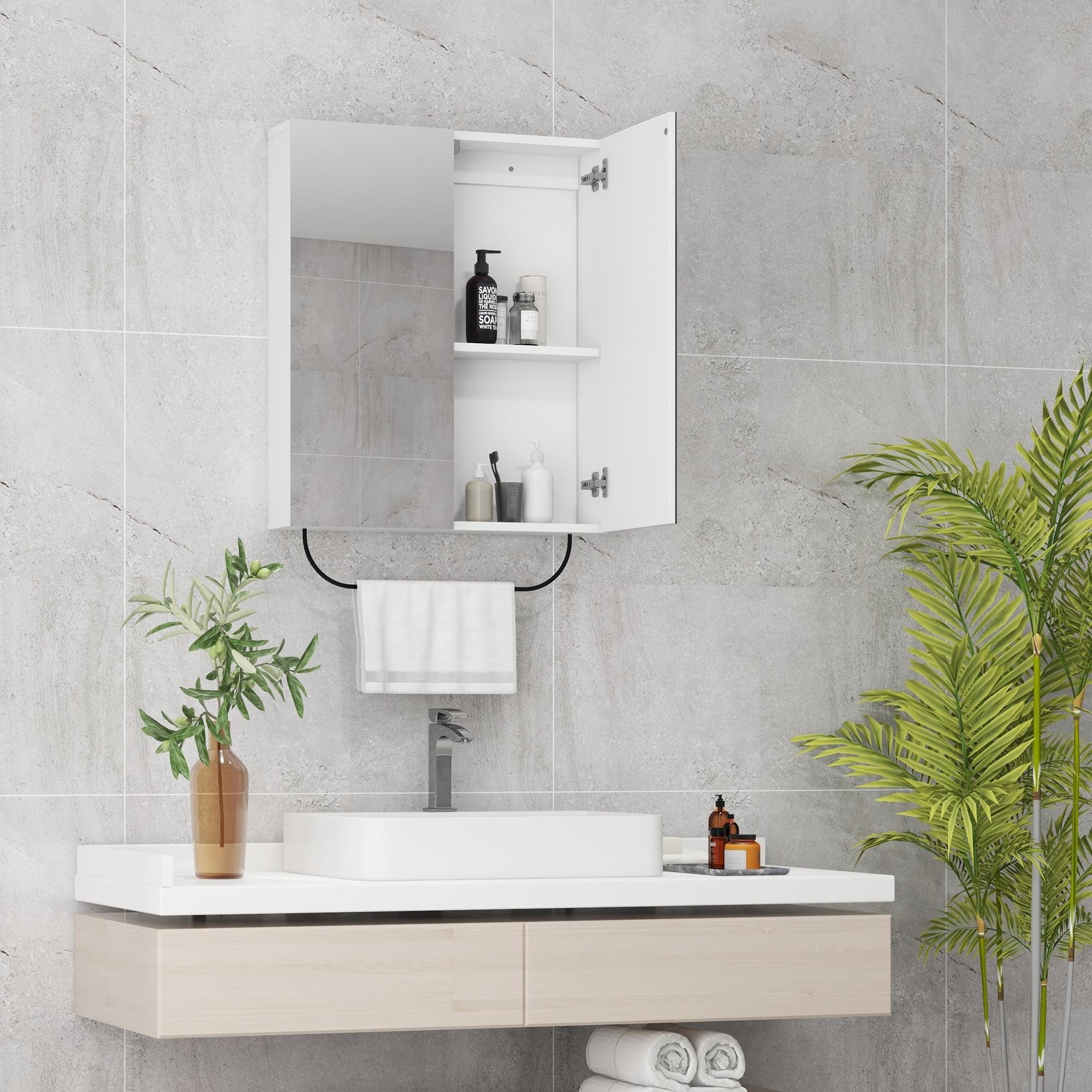 Armoire murale miroir salle de bain - 2 portes, étagère réglable, porte-serviette - acier noir panneaux blanc verre