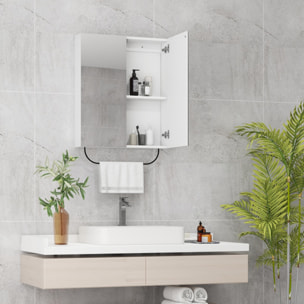 Armoire murale miroir salle de bain - 2 portes, étagère réglable, porte-serviette - acier noir panneaux blanc verre