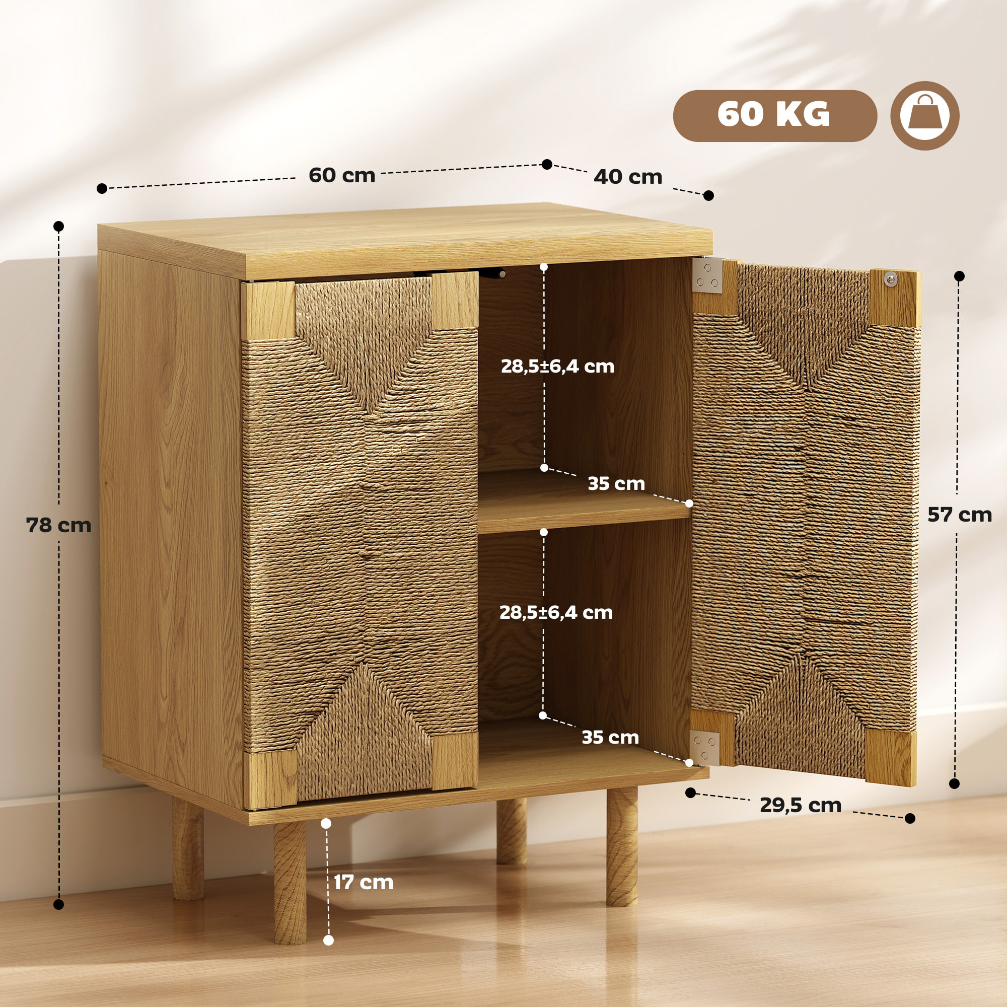 Aparador Bohemio de 2 Puertas con Cuerda Tejida a Mano, Aparador de Salón con Estante Ajustable, Apertura por Presión, Patas de Madera, Roble, 60x40x78 cm