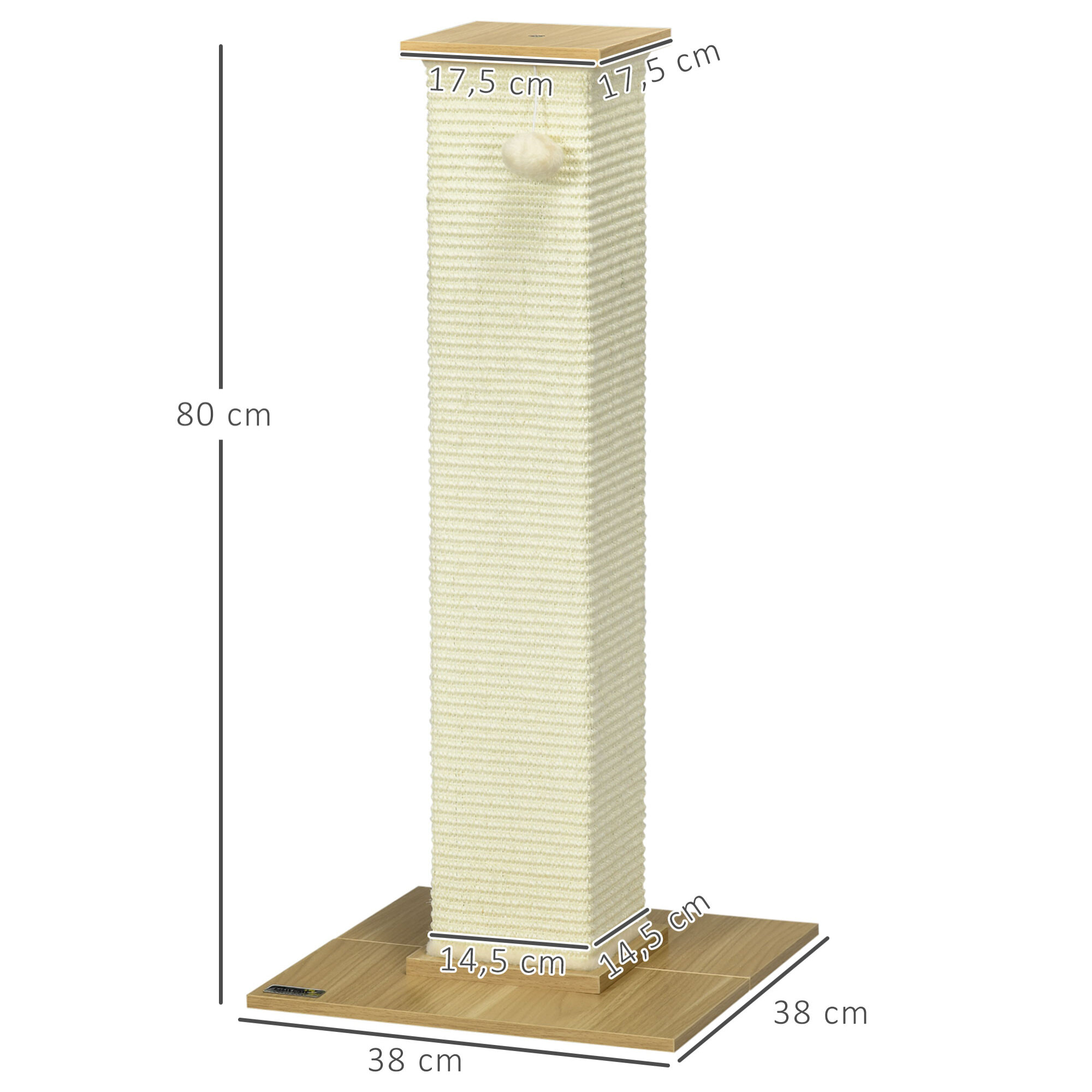 Poste Rascador para Gatos con Poste de Sisal y Bola Colgante 38x38x80 cm Roble